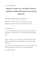 Relation of state- and trait-math anxiety to intelligence, math achievement and learning motivation