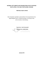 Informal settlements and organisations in post-apartheid South Africa : the case of Bethlehem, Tshwane
