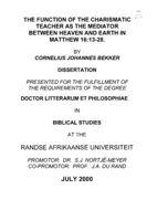 The function of the charismatic teacher as the mediator between Heaven and Earth in Matthew 16:13-28