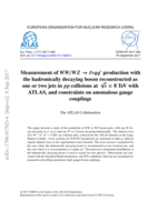 Measurement of WW/W Z → tν qq1 production with the hadronically decaying boson reconstructed as one or two jets in pp collisions at √s = 8 TeV with ATLAS, and constraints on anomalous gauge couplings