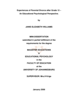 Experiences of parental divorce after grade 12: an educational psychological perspective.