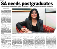SA needs postgraduates - the Unversity of Johannesburg has established a centre to support students at these levels