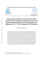 Measurement of detector-corrected observables sensitive to the anomalous production of events with jets and large missing transverse momentum in  pp collisions at √s = 13 TeV using the ATLAS detector