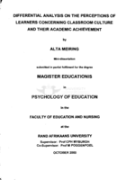 Differential analysis on the perceptions of learners concerning classroom culture and their academic achievement
