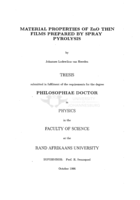 Material properties of ZnO thin films prepared by spray pyrolysis