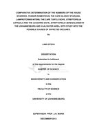 Comparative determination of the numbers of four garden bird species, the House Sparrow, Passer domesticus, the Cape Glossy Starling, Lamprotornis nitens, the Cape Turtle Dove, Streptopelia capicola and the Laughing Dove, Streptopelia senegalensis in the Johannesburg and Vaalwater areas with study into possible causes of expected declines