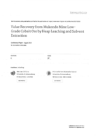 Value recovery from Mukondo mine low-grade cobalt ore by heap leaching and solvent extraction