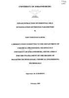 Steam extraction of essential oils : investigation of process parameters