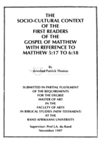 The socio-cultural context of the first readers of the Gospel of Matthew with reference to Matthew 5: 17 to 6:18