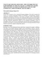 Voluntary housing delivery : the contribution of partnerships to the success of a community-based organisation (WASSUP) in Diepsloot low-income community, Johannesburg, South Africa
