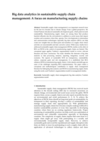 Big data analytics in sustainable supply chain management : a focus on manufacturing supply chains