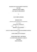 Maintenance management strategy for the Kempton Park Tembisa electricity department
