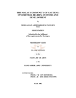 The Malay community of Gauteng: syncretism, beliefs, customs and development