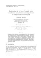 Partitioning the vertices of a graph or its complement into a total dominating set and an independent dominating set