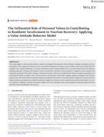 The influential role of personal values in contributing to residents' involvement in tourism recovery : applying a value‐attitude‐behavior model