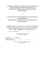 Improvements of quality and performance management in the South African Postal Services : challenges and prospects