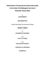 Determination of the ground and surface water quality in the vicinity of the Ballengeich coal mine in Newcastle, KwaZulu-Natal