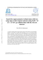 Search for supersymmetry in final states with two same-sign or three leptons and jets using 36 fb−1  of √s = 13 TeV pp collision data with the ATLAS detector